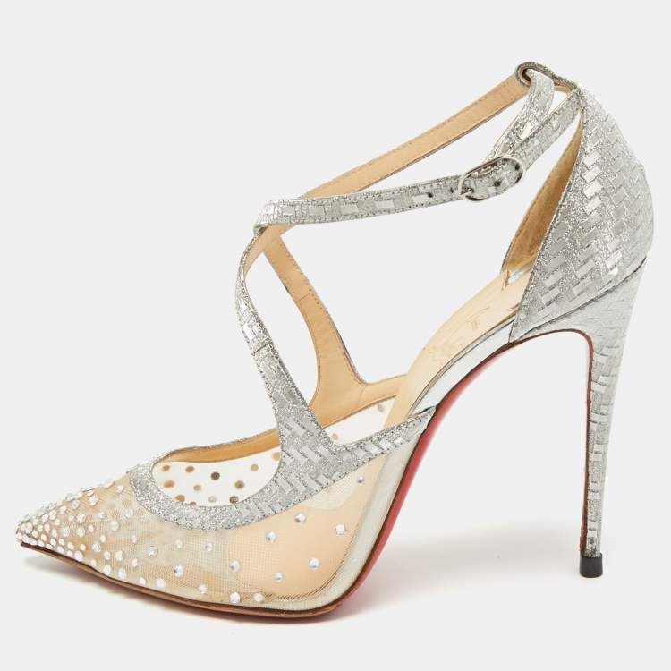 Pre Owned Christian Louboutin Twistissima Size 39.5 Silver Leather and Mesh Pumps