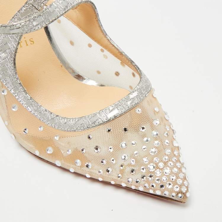 Pre Owned Christian Louboutin Twistissima Size 39.5 Silver Leather and Mesh Pumps