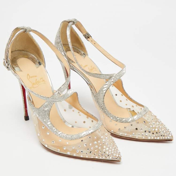 Pre Owned Christian Louboutin Twistissima Size 39.5 Silver Leather and Mesh Pumps