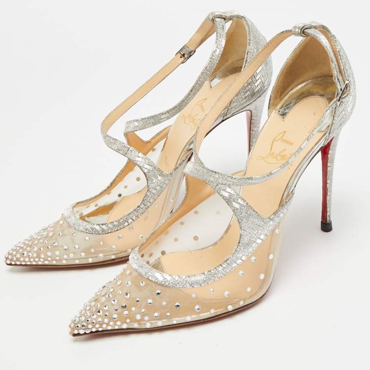 Pre Owned Christian Louboutin Twistissima Size 39.5 Silver Leather and Mesh Pumps