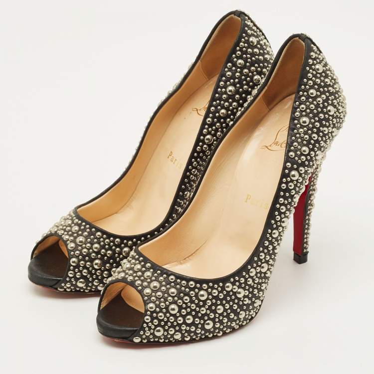 Pre Owned Christian Louboutin Studded Accents Size 39.5 Black/Silver Leather Peep Toe Pumps