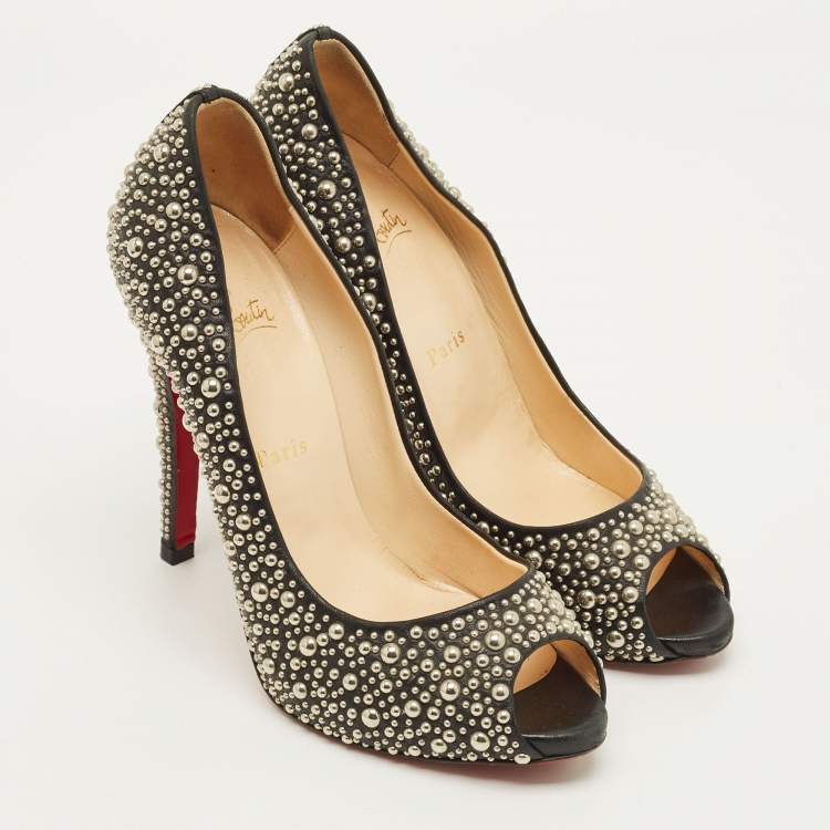 Pre Owned Christian Louboutin Studded Accents Size 39.5 Black/Silver Leather Peep Toe Pumps