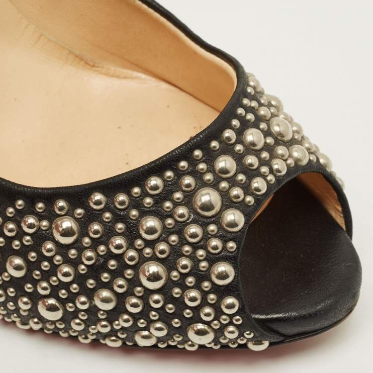 Pre Owned Christian Louboutin Studded Accents Size 39.5 Black/Silver Leather Peep Toe Pumps