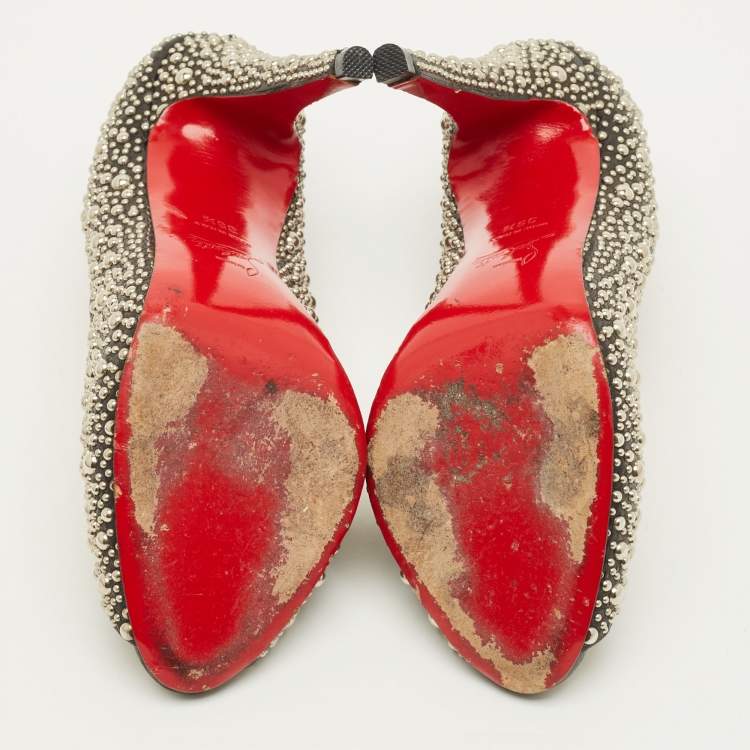 Pre Owned Christian Louboutin Studded Accents Size 39.5 Black/Silver Leather Peep Toe Pumps