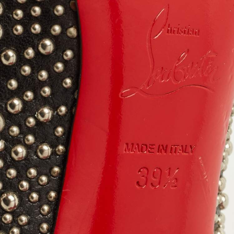 Pre Owned Christian Louboutin Studded Accents Size 39.5 Black/Silver Leather Peep Toe Pumps