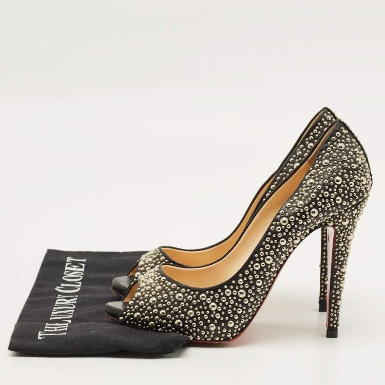 Pre Owned Christian Louboutin Studded Accents Size 39.5 Black/Silver Leather Peep Toe Pumps