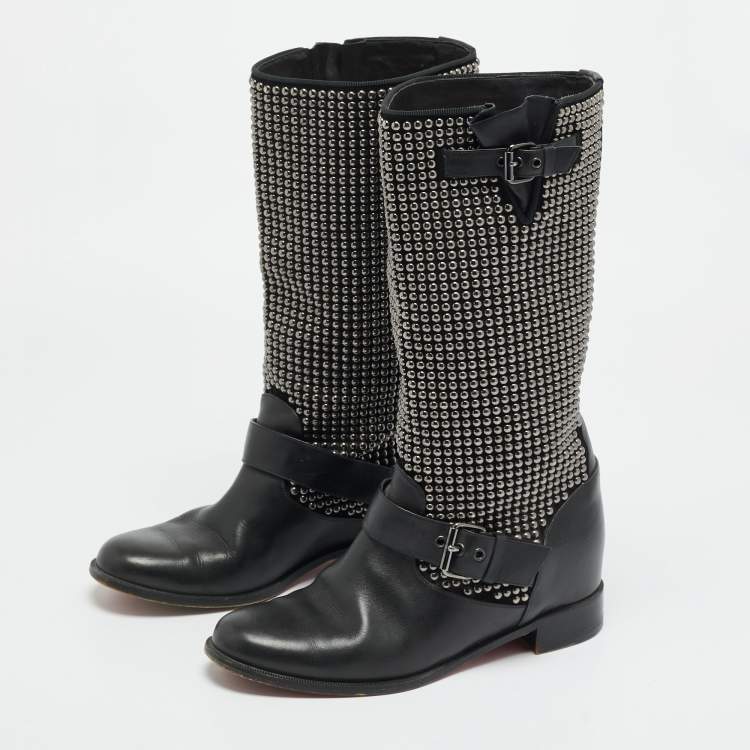 Pre Owned Christian Louboutin Size 38 Black Leather and Suede Studded Buckle Mid Calf Boots