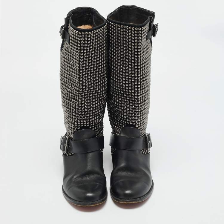 Pre Owned Christian Louboutin Size 38 Black Leather and Suede Studded Buckle Mid Calf Boots