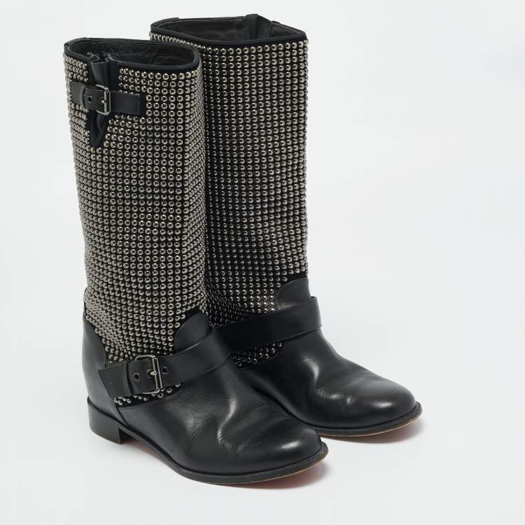 Pre Owned Christian Louboutin Size 38 Black Leather and Suede Studded Buckle Mid Calf Boots