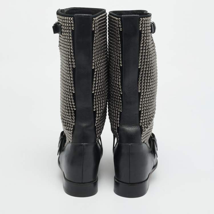 Pre Owned Christian Louboutin Size 38 Black Leather and Suede Studded Buckle Mid Calf Boots