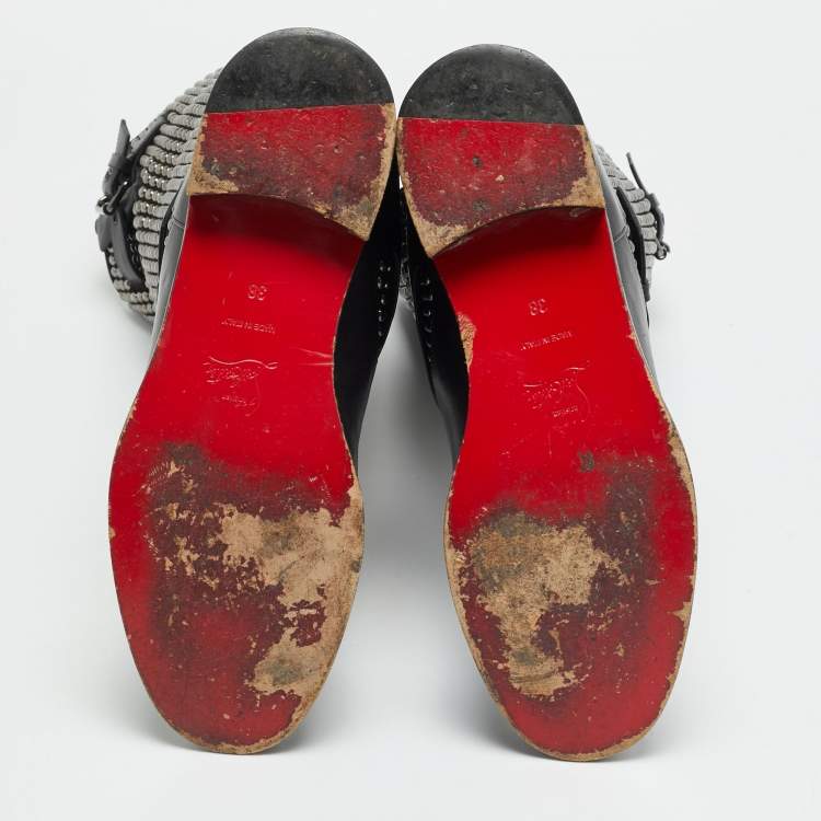 Pre Owned Christian Louboutin Size 38 Black Leather and Suede Studded Buckle Mid Calf Boots