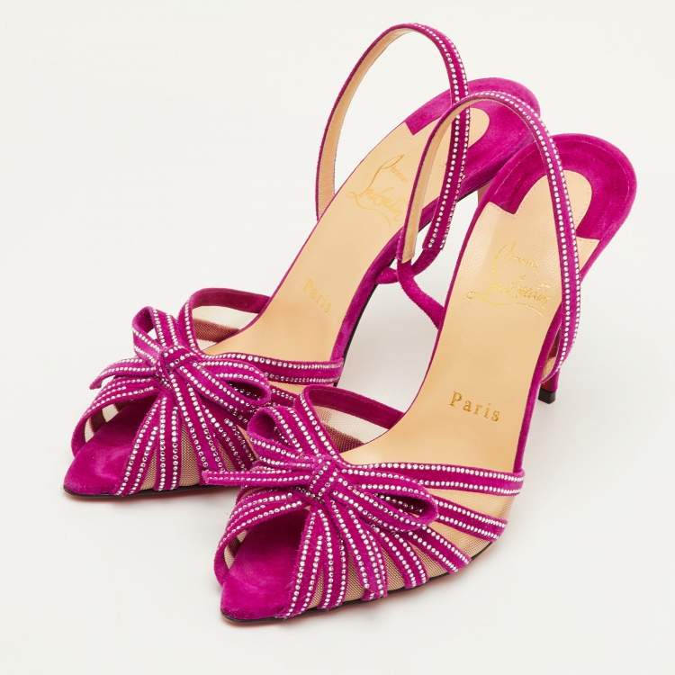 Pre Owned Christian Louboutin Araborda Size 37.5 Purple Suede and Mesh Crystal Slingback Sandals