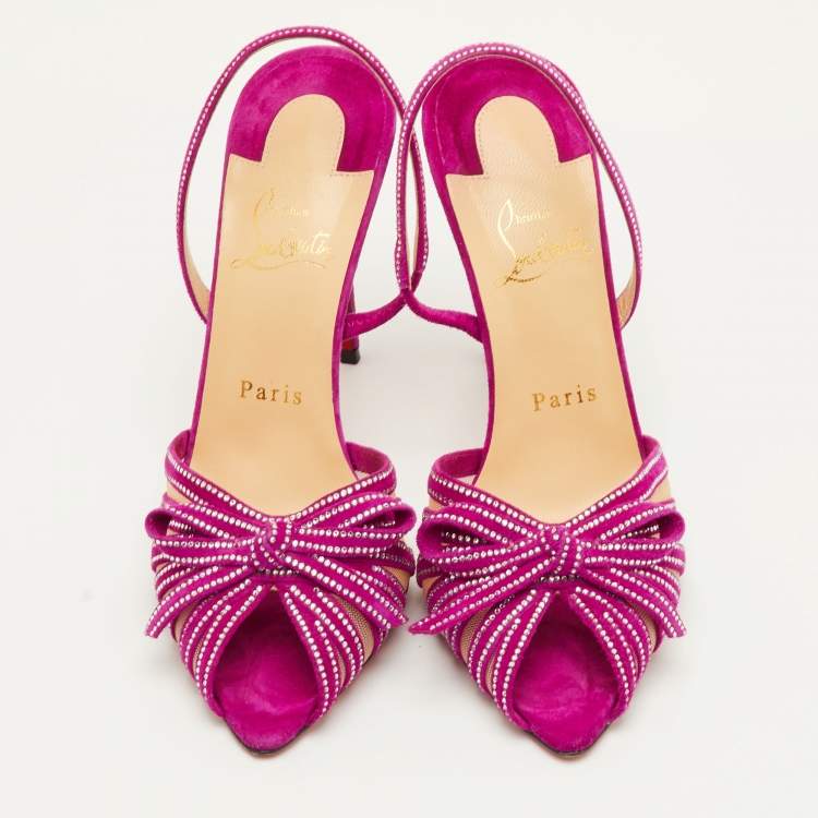 Pre Owned Christian Louboutin Araborda Size 37.5 Purple Suede and Mesh Crystal Slingback Sandals
