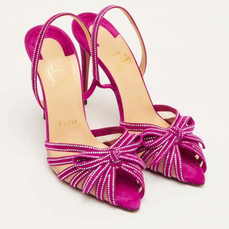 Pre Owned Christian Louboutin Araborda Size 37.5 Purple Suede and Mesh Crystal Slingback Sandals
