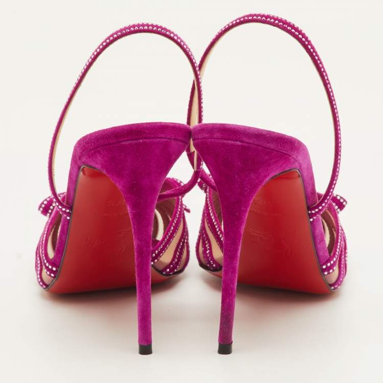 Pre Owned Christian Louboutin Araborda Size 37.5 Purple Suede and Mesh Crystal Slingback Sandals