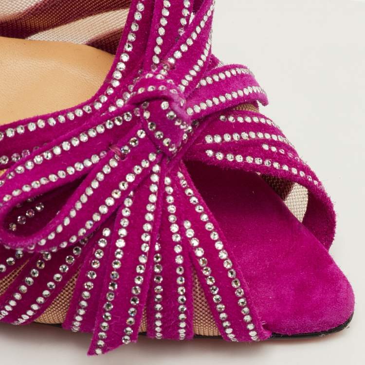 Pre Owned Christian Louboutin Araborda Size 37.5 Purple Suede and Mesh Crystal Slingback Sandals