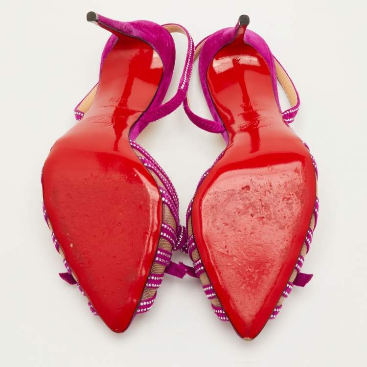 Pre Owned Christian Louboutin Araborda Size 37.5 Purple Suede and Mesh Crystal Slingback Sandals