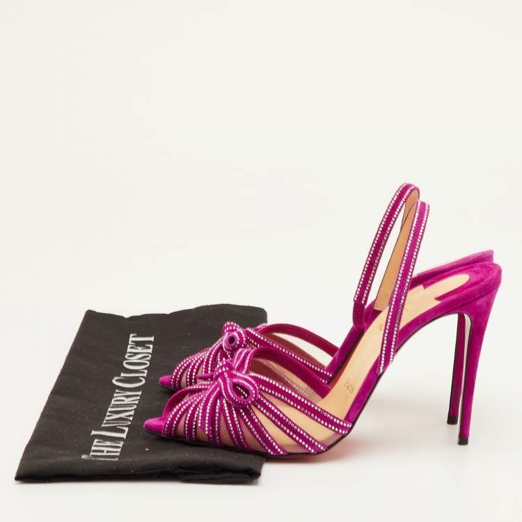 Pre Owned Christian Louboutin Araborda Size 37.5 Purple Suede and Mesh Crystal Slingback Sandals
