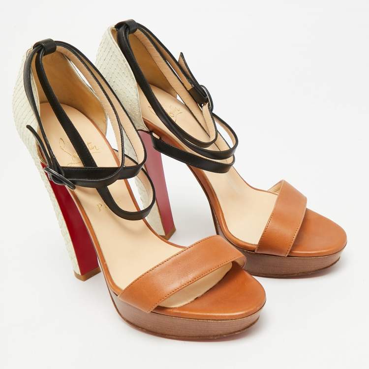 مملوكة مسبقًا Christian Louboutin Size 40 Tricolor Python and Leather Platform Ankle Strap Sandals