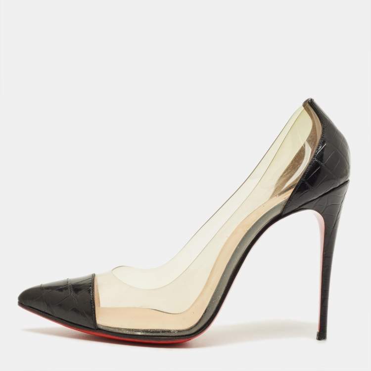 Pre Owned Christian Louboutin Debout Size 38 Black/Transparent  Croc Embossed Leather and PVC Pumps