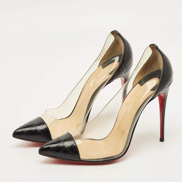 Pre Owned Christian Louboutin Debout Size 38 Black/Transparent  Croc Embossed Leather and PVC Pumps