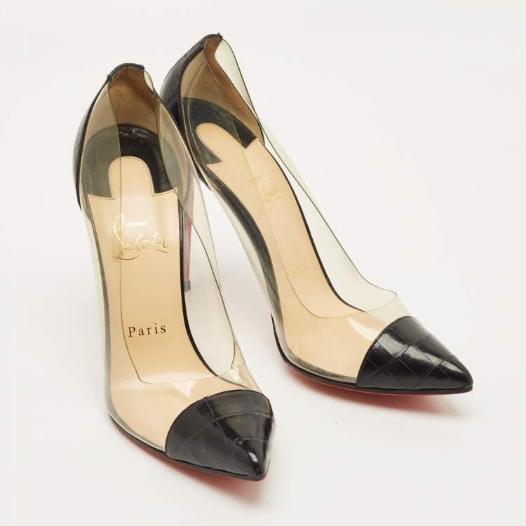 Pre Owned Christian Louboutin Debout Size 38 Black/Transparent  Croc Embossed Leather and PVC Pumps