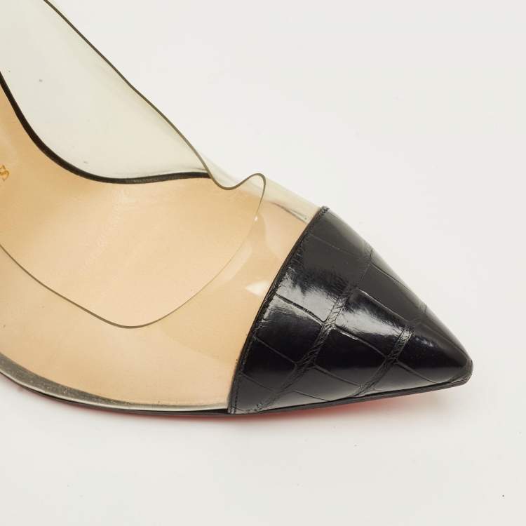 Pre Owned Christian Louboutin Debout Size 38 Black/Transparent  Croc Embossed Leather and PVC Pumps