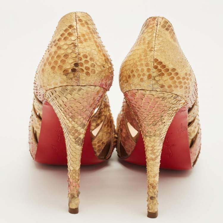 مملوكة مسبقًا Christian Louboutin Size 39.5 Metallic Python Leather Cutout Peep Toe Pumps