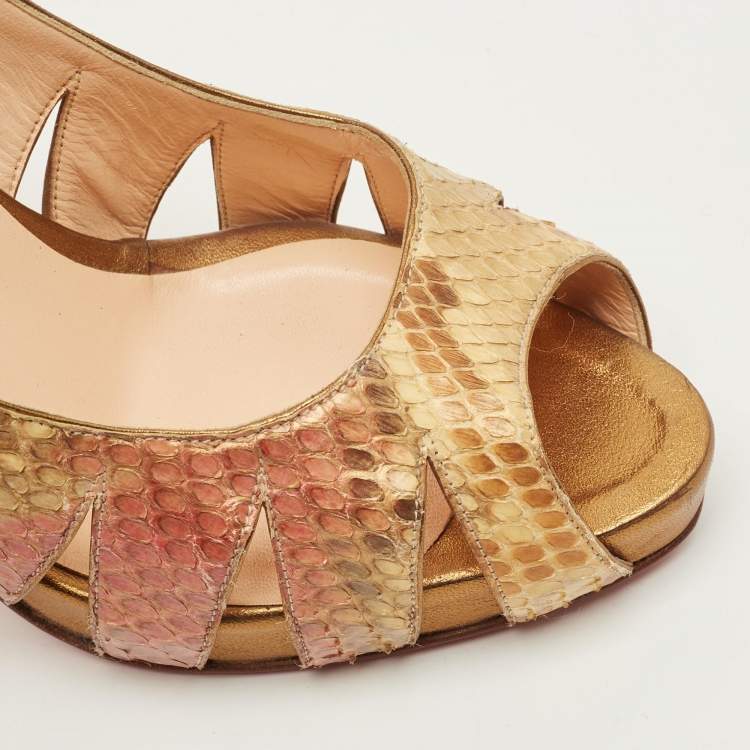 مملوكة مسبقًا Christian Louboutin Size 39.5 Metallic Python Leather Cutout Peep Toe Pumps