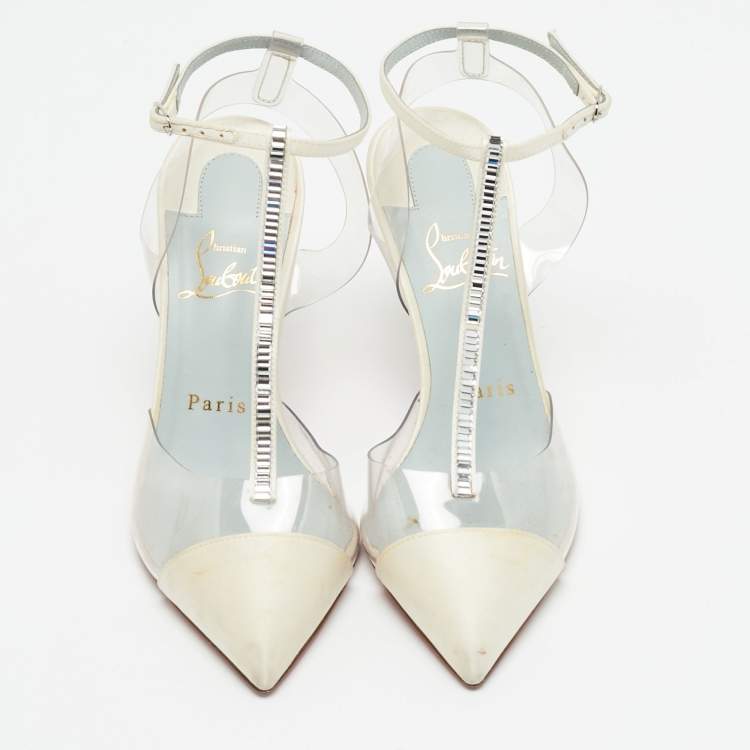 Pre Owned Christian Louboutin Nosy Size 36 White/Transparent PVC and Satin T-Strap Pumps