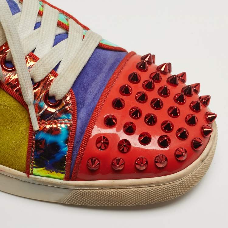 Pre Owned Christian Louboutin Louis Junior Spikes Size 38.5 Multicolor Patent Leather and Suede Low Top Sneakers
