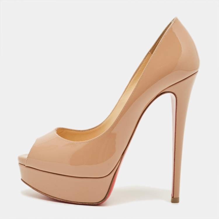 Pre Owned Christian Louboutin Lady Peep Size 37 Beige Patent Leather Platform Pumps
