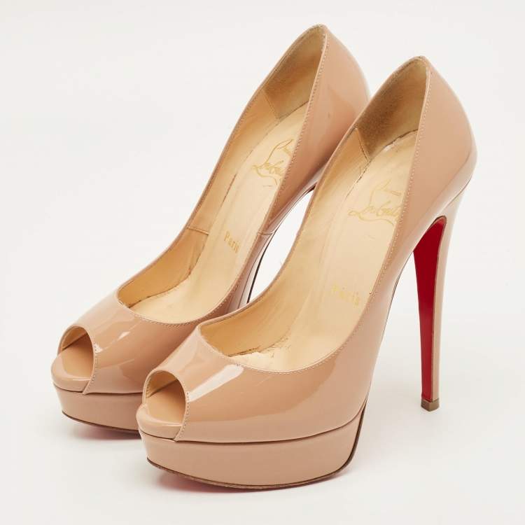 Pre Owned Christian Louboutin Lady Peep Size 37 Beige Patent Leather Platform Pumps