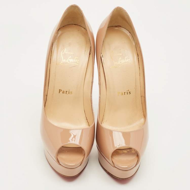 Pre Owned Christian Louboutin Lady Peep Size 37 Beige Patent Leather Platform Pumps