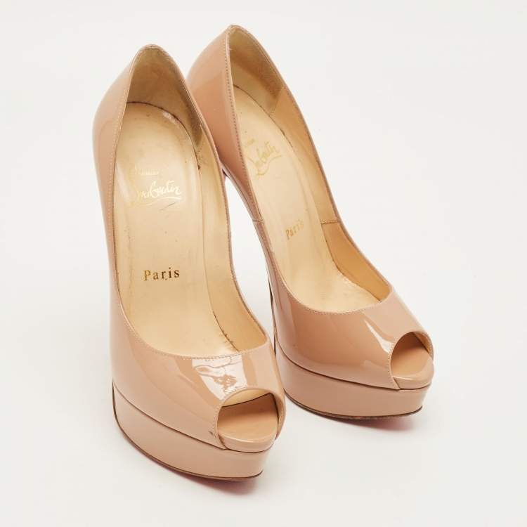Pre Owned Christian Louboutin Lady Peep Size 37 Beige Patent Leather Platform Pumps