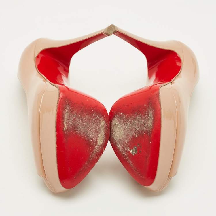 Pre Owned Christian Louboutin Lady Peep Size 37 Beige Patent Leather Platform Pumps