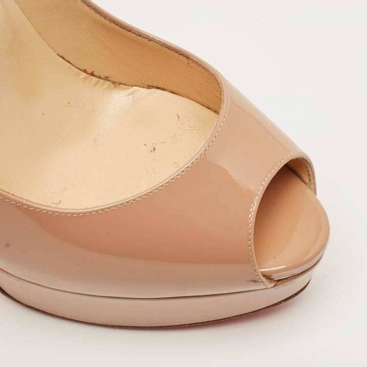 Pre Owned Christian Louboutin Lady Peep Size 37 Beige Patent Leather Platform Pumps