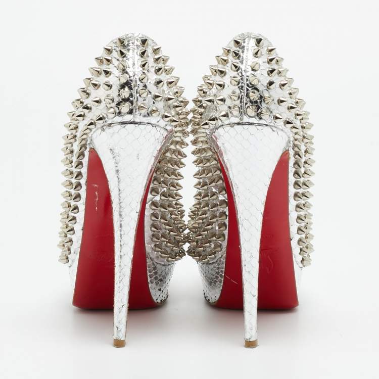 مملوكة مسبقًا Christian Louboutin Lady Peep Spikes Size 39.5 Silver Python Leather Platform Pumps