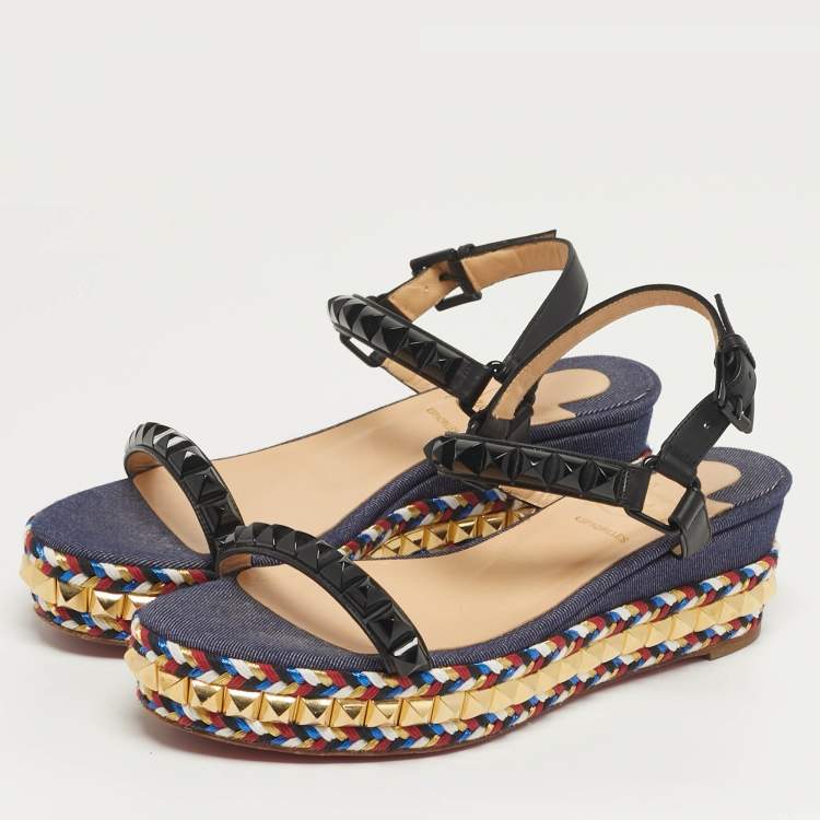 مملوكة مسبقًا Christian Louboutin Pyraclou Size 38 Black/Blue Denim and Leather Platform Sandals