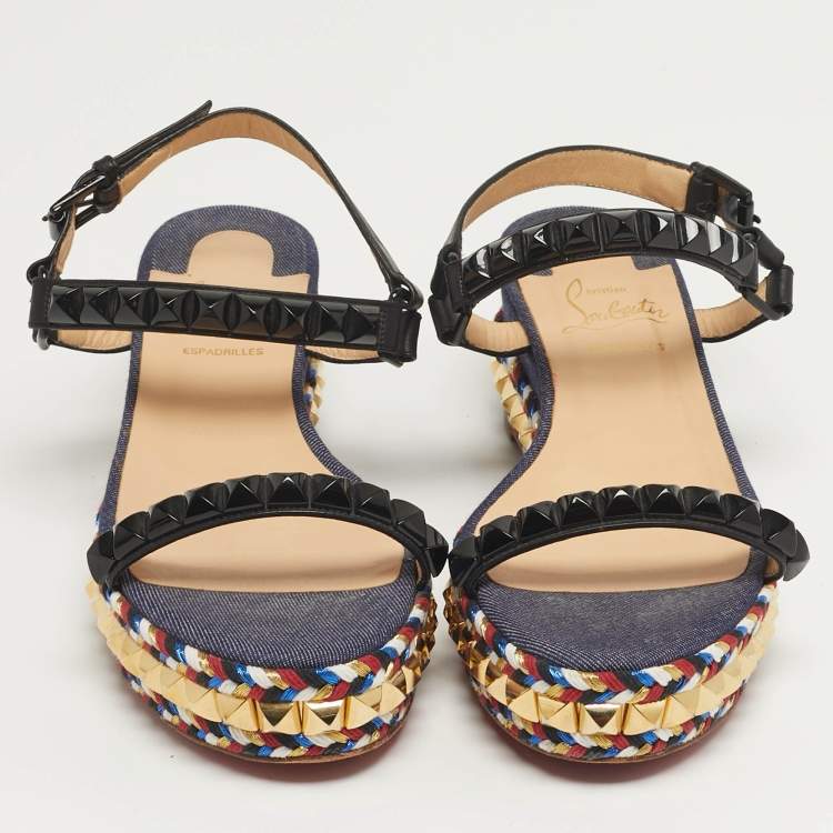 مملوكة مسبقًا Christian Louboutin Pyraclou Size 38 Black/Blue Denim and Leather Platform Sandals