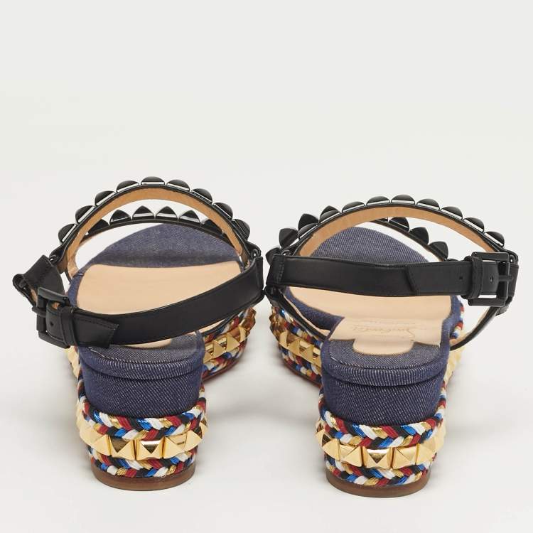 مملوكة مسبقًا Christian Louboutin Pyraclou Size 38 Black/Blue Denim and Leather Platform Sandals