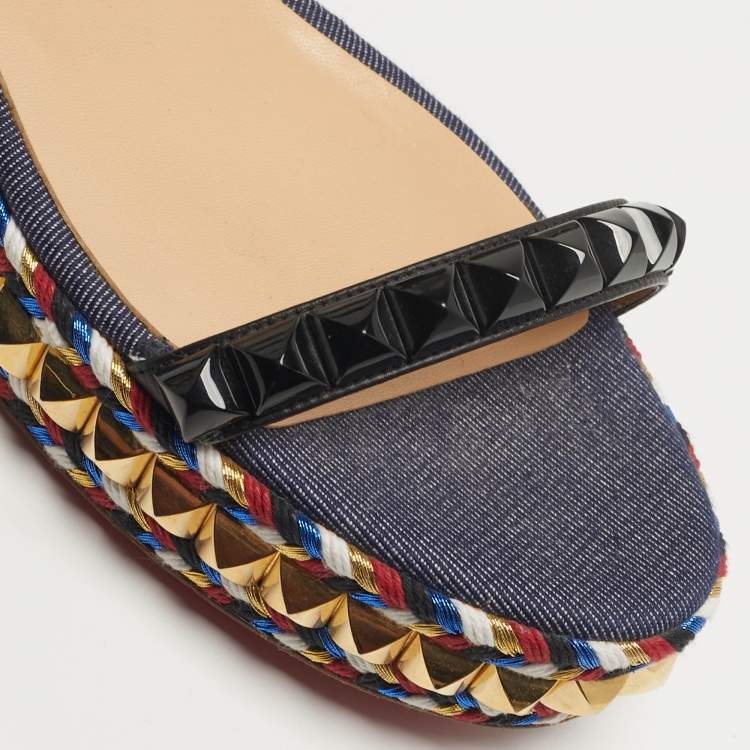 مملوكة مسبقًا Christian Louboutin Pyraclou Size 38 Black/Blue Denim and Leather Platform Sandals