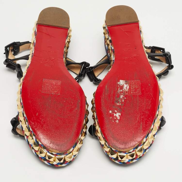 مملوكة مسبقًا Christian Louboutin Pyraclou Size 38 Black/Blue Denim and Leather Platform Sandals