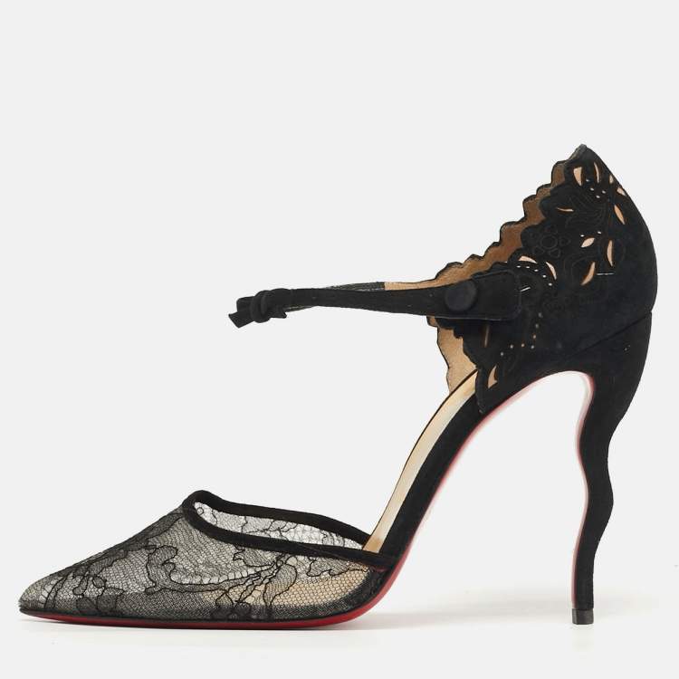 Pre Owned Christian Louboutin Magicdiva Size 39 Black Lace and Suede D'orsay Pumps