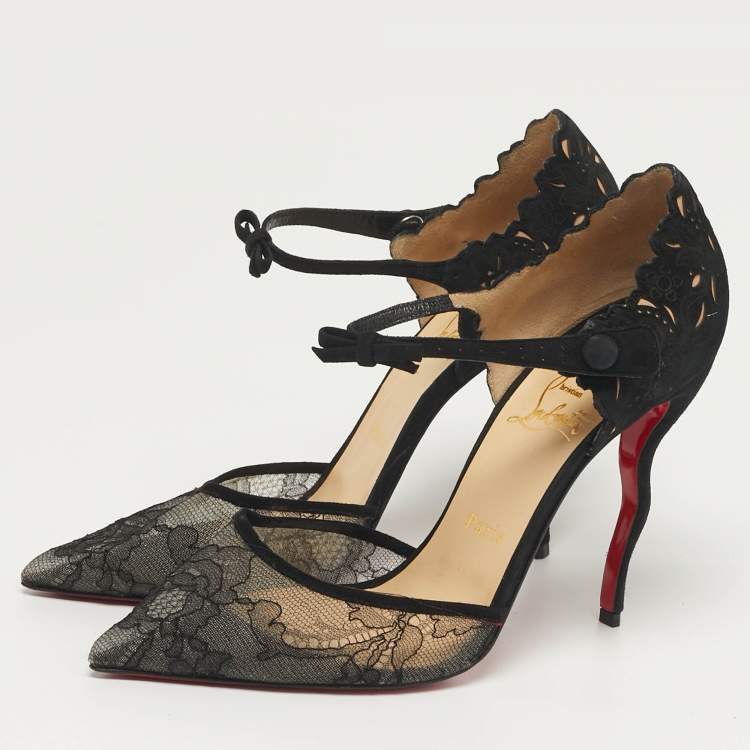 Pre Owned Christian Louboutin Magicdiva Size 39 Black Lace and Suede D'orsay Pumps
