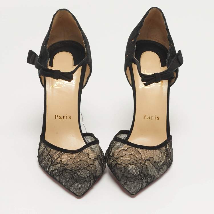 Pre Owned Christian Louboutin Magicdiva Size 39 Black Lace and Suede D'orsay Pumps