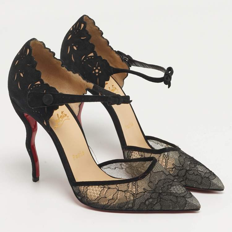 Pre Owned Christian Louboutin Magicdiva Size 39 Black Lace and Suede D'orsay Pumps