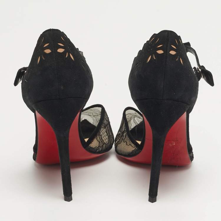 Pre Owned Christian Louboutin Magicdiva Size 39 Black Lace and Suede D'orsay Pumps