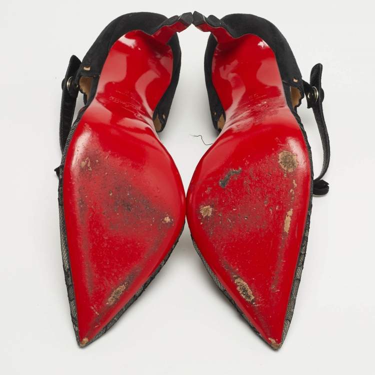 Pre Owned Christian Louboutin Magicdiva Size 39 Black Lace and Suede D'orsay Pumps