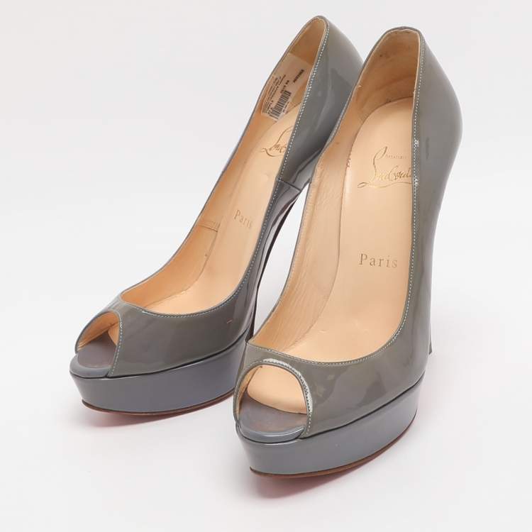 Pre Owned Christian Louboutin Banana Size 37.5 Purple Patent Leather Peep Toe Platform Pumps